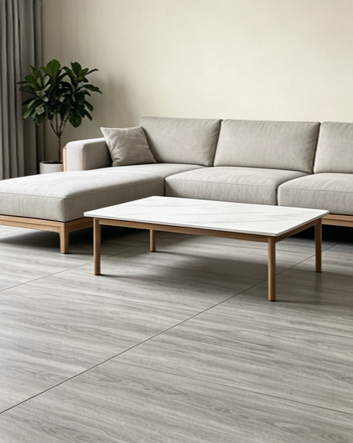 <h5><br/>The gentle fusion of natural wood and light gray wood-grain tiles brings a touch of nature into your home. Large-format seamless tiling authentically reproduces the texture of wood, offering exceptional durability to bid farewell to the fragility of hardwood floors. Let your home exude both soft warmth and unshakable confidence.<br/><br/></h5>