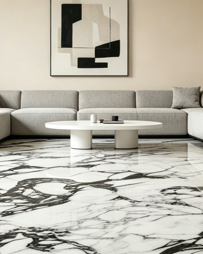 <h5>The sense of luxury in a home never relies on over-stuffing.Just like these black-and-white marble-patterned tiles, their inherent textural tension adds crispness and elegance to the softness of the entire living room.As sunlight falls on the glossy tile surface, light, shadow and texture interweave, filling even the air with a sense of relaxed yet restrained sophistication.</h5>